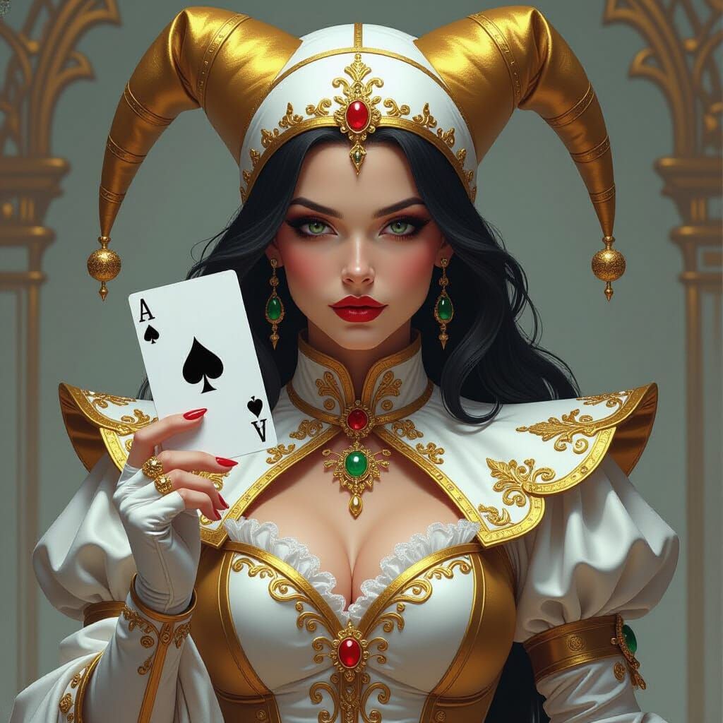 Female Jester with Ace of Spades in Ornate Attire