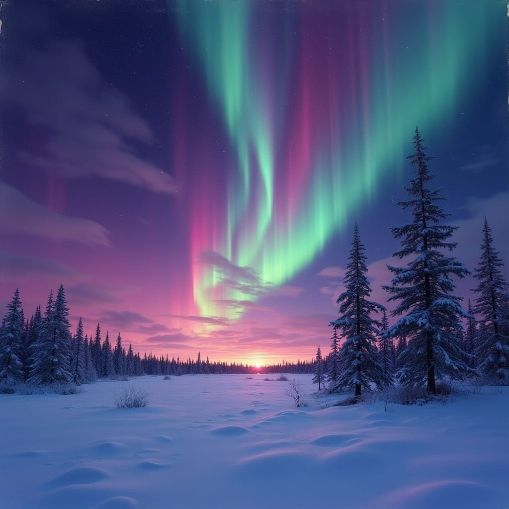 Ethereal Winter Landscape with Vibrant Auroras