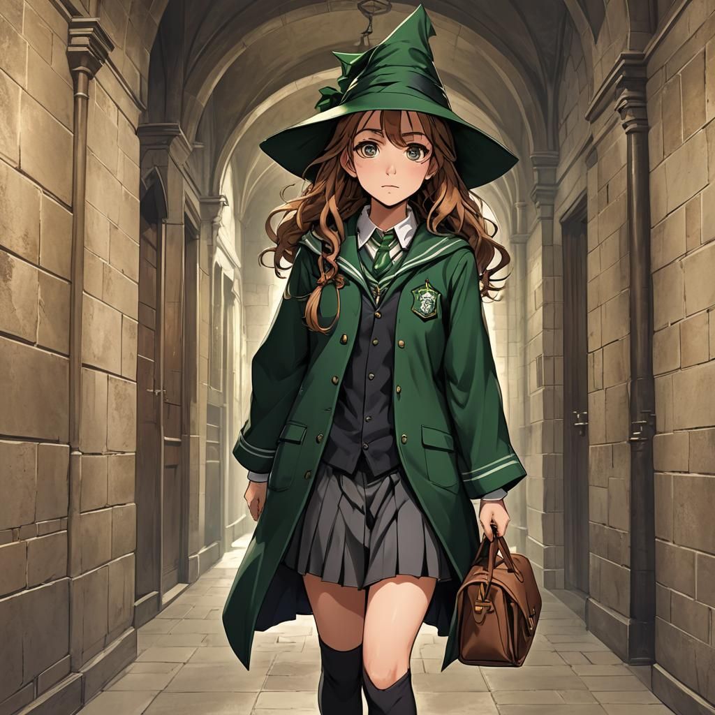 hermione granger in a slytherine school uniform and witch ha...