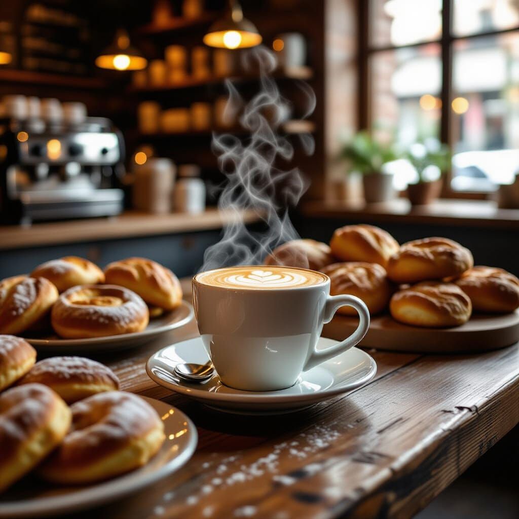 Steaming Latte in Cozy Bakery Photo