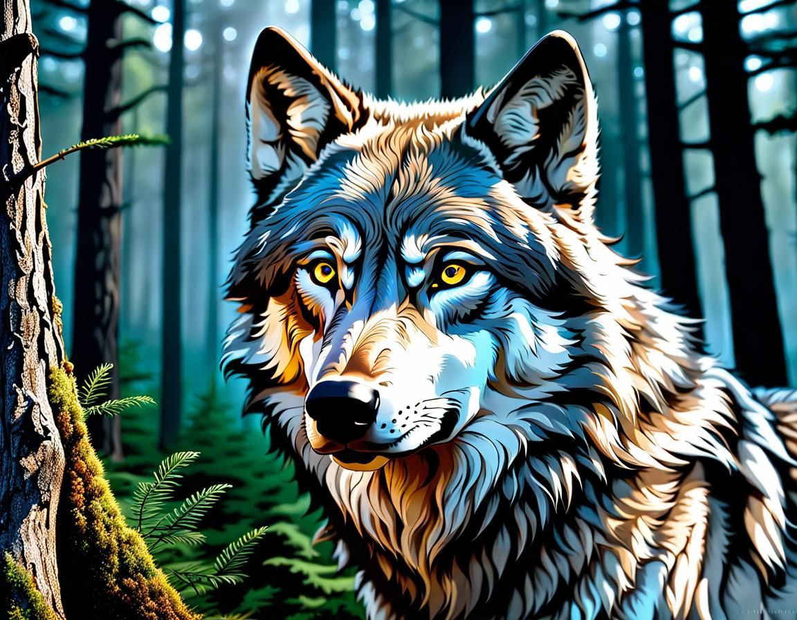 Detailed Portrait of Canadian Grey Wolf in Woods