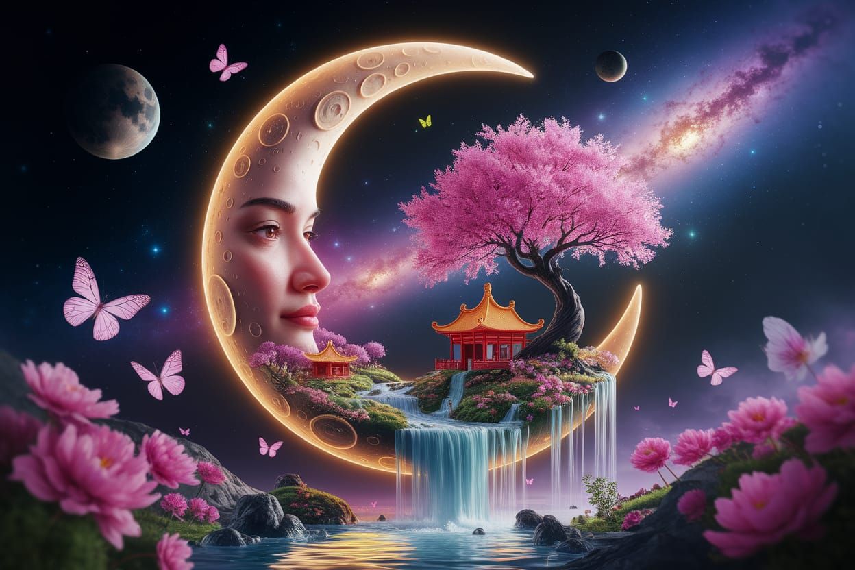 Glowing Crescent Moon Holds Magical Chinese Village in Space