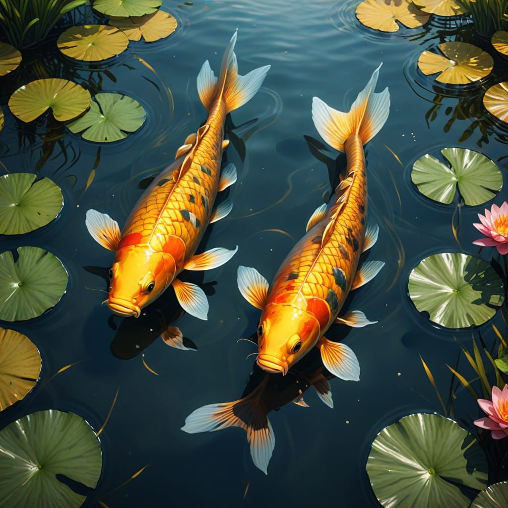 Photorealism glass like water of pond showing colourful carp...