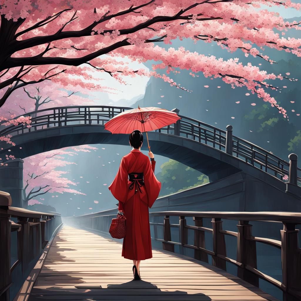 Geisha Under Cherry Blossoms: Realistic Illustration
