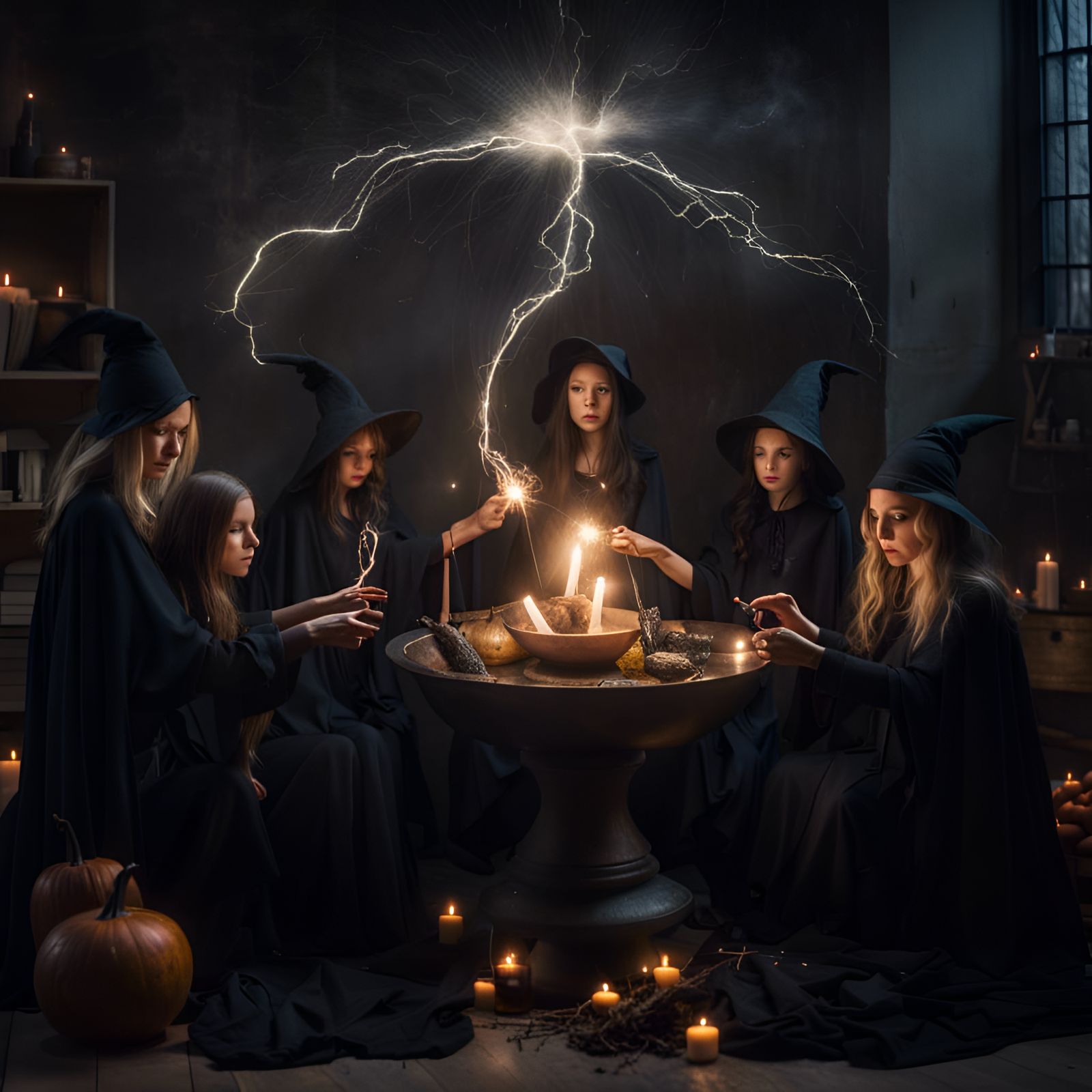 Witches Conjuring Black Magic with Sparkling Lights