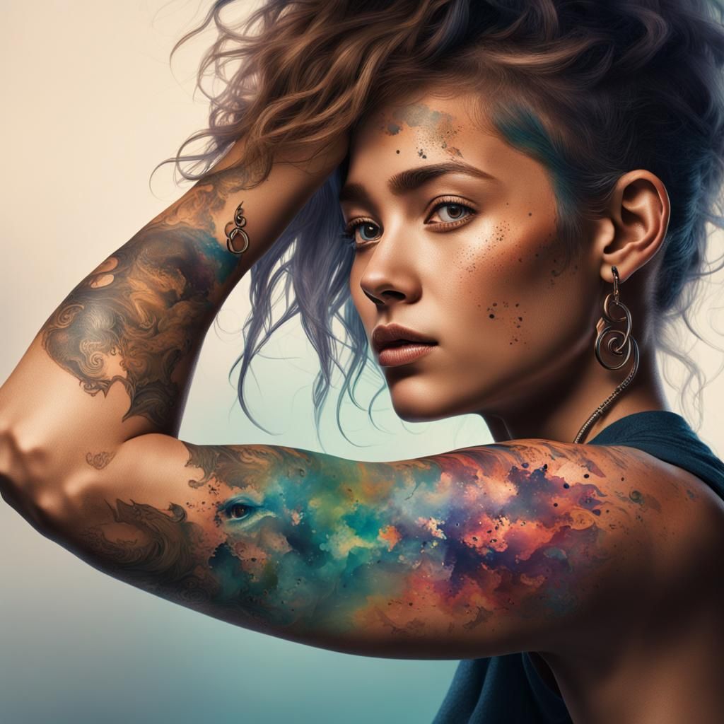 Hyperrealistic Girl with Semicolon Tattoo in Splash Art Styl...