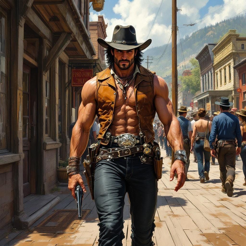 Handsome Cowboy Walks Into Town, Realistic Illustration