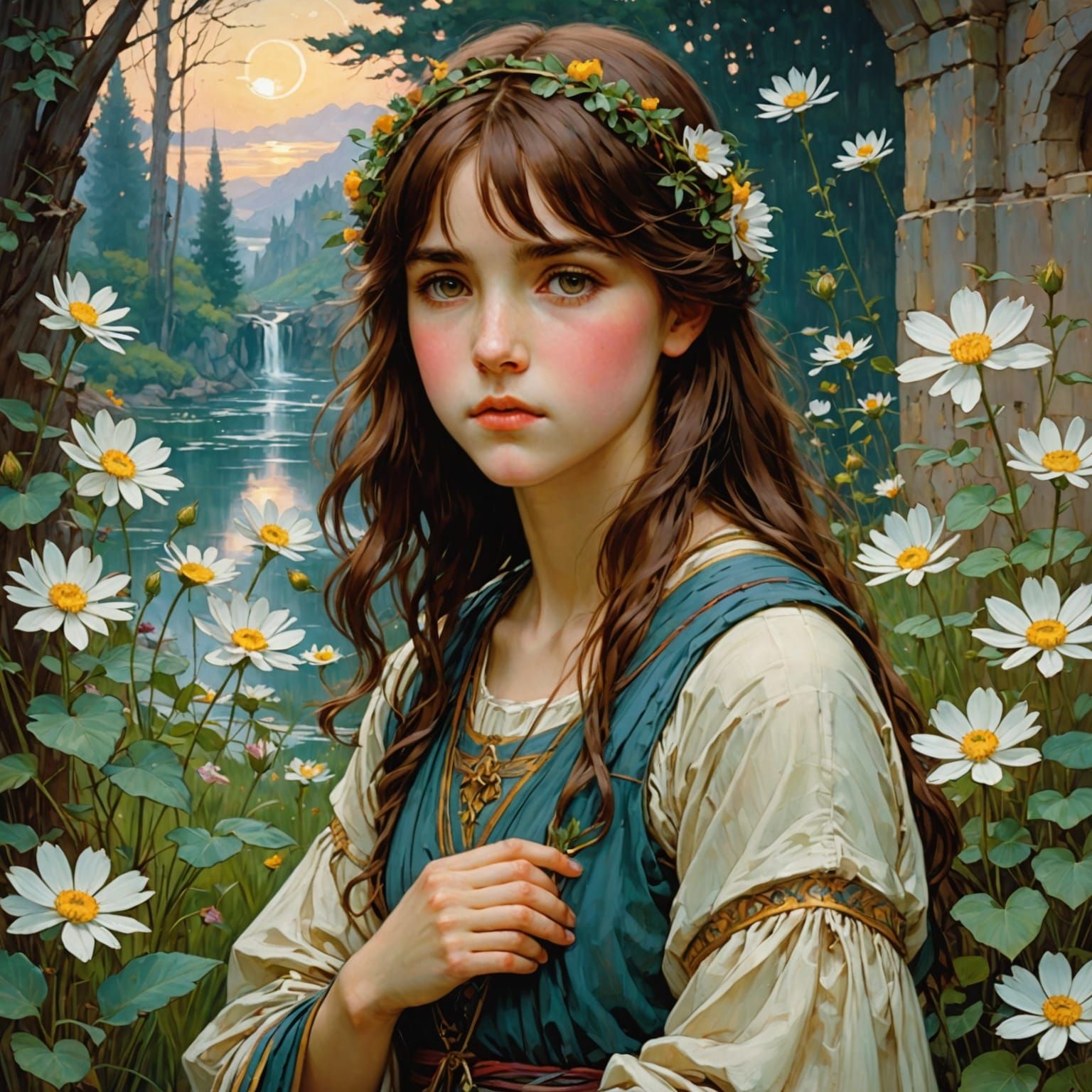 Gentle Maiden Amidst Vibrant Daisies