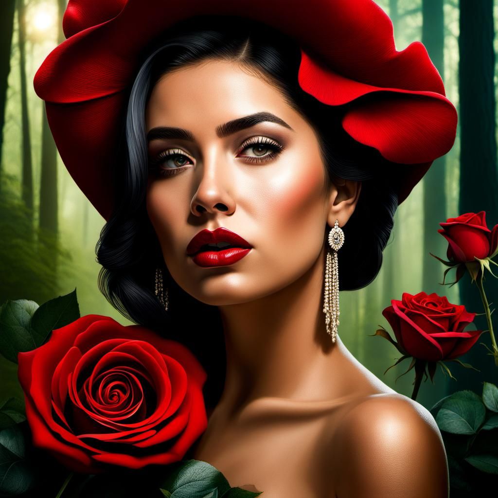 Beautiful Woman with Roses in Hyperrealistic Style