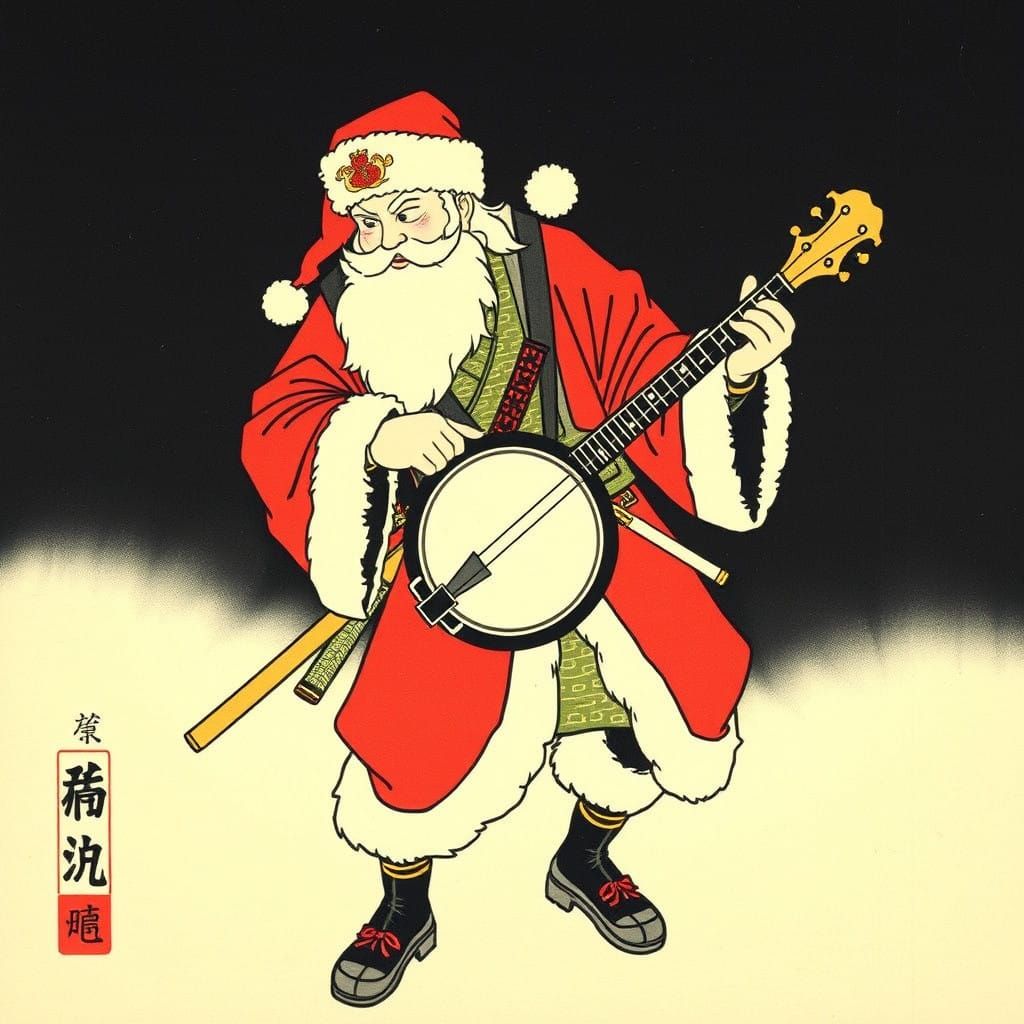 Traditional Samurai Christmas in Vibrant Woodblock Style