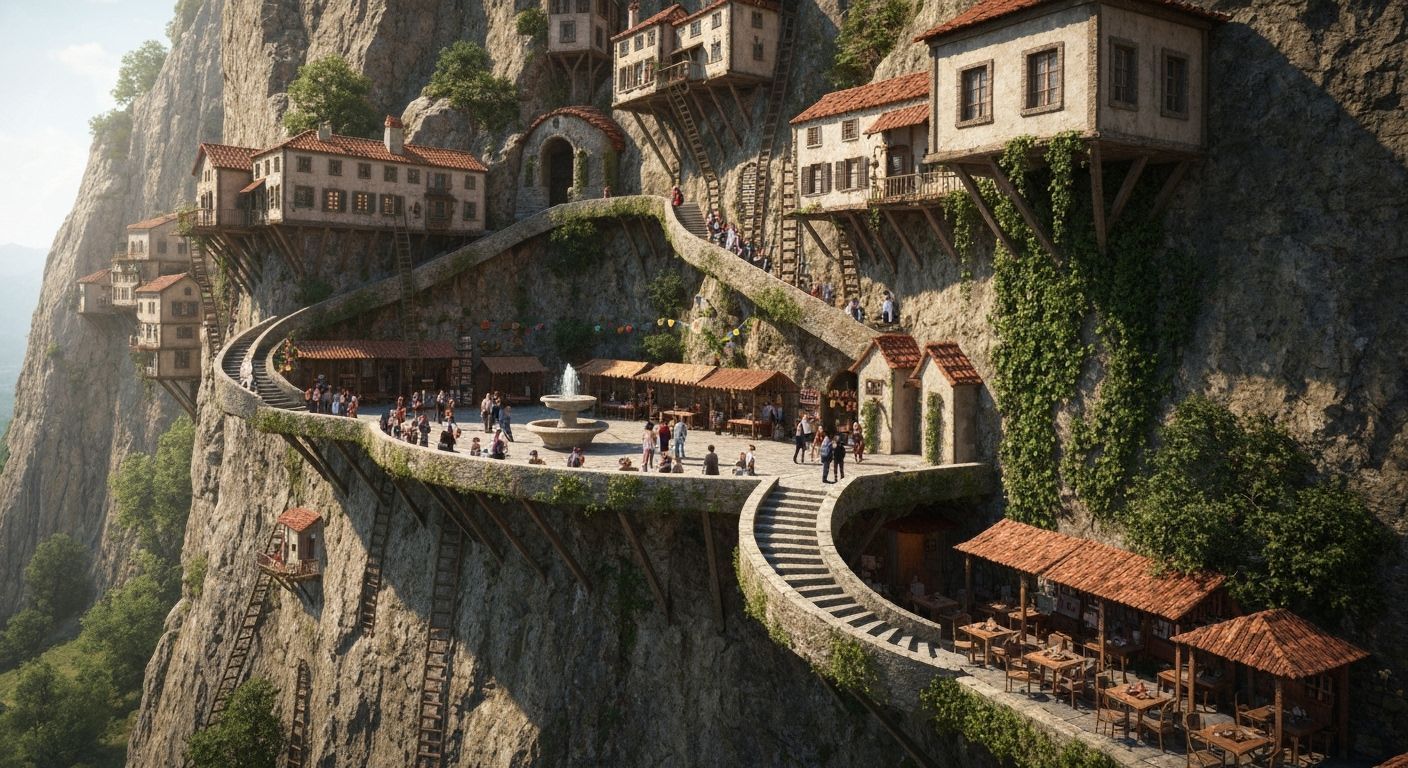 Surreal Mountain Village with Hanging Houses