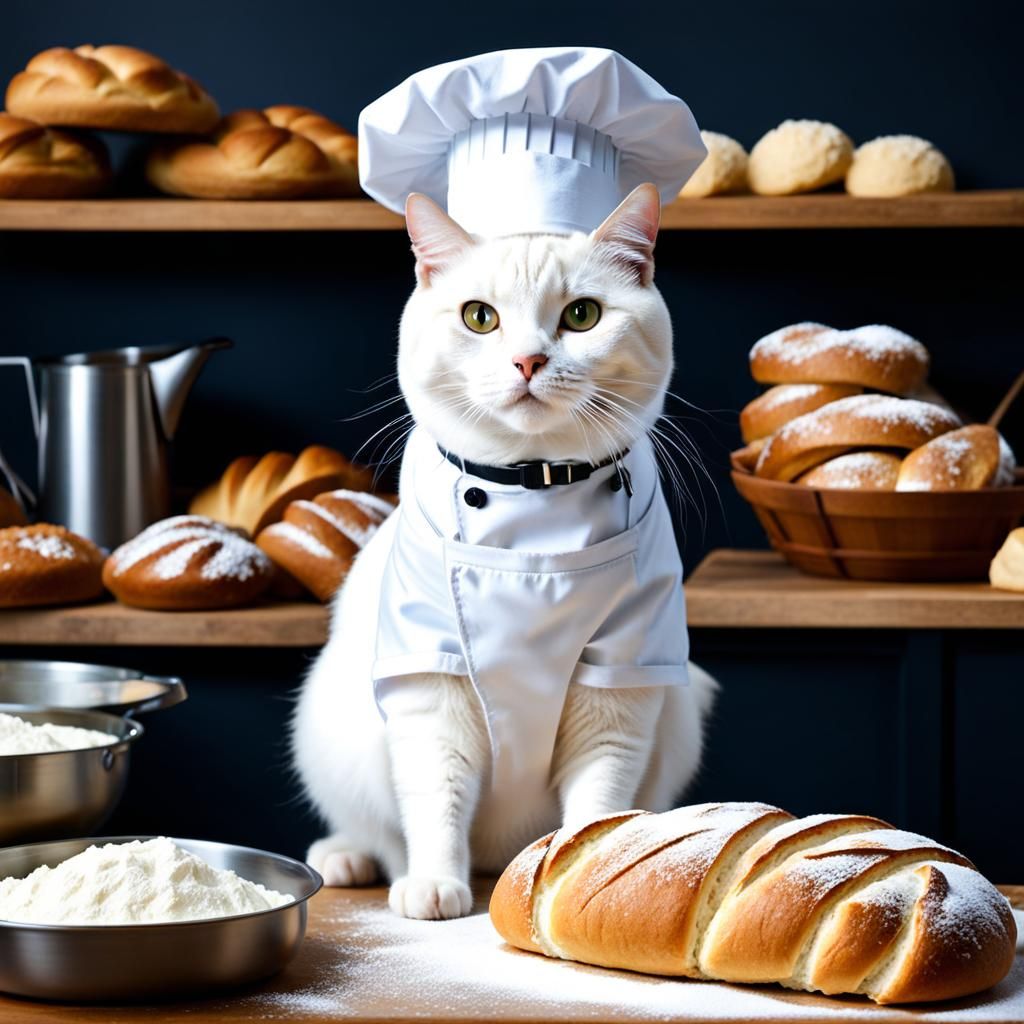 Cat Baker Kneading Dough in Bakery Scene