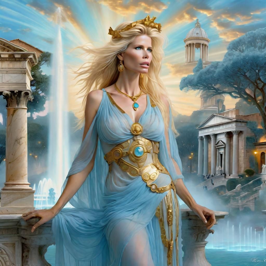 Claudia Schiffer in a Roman palla in a Roman Fantasy World, Light blue palla, Gold Jewelry, plaza, fountain, Old Tree, H...