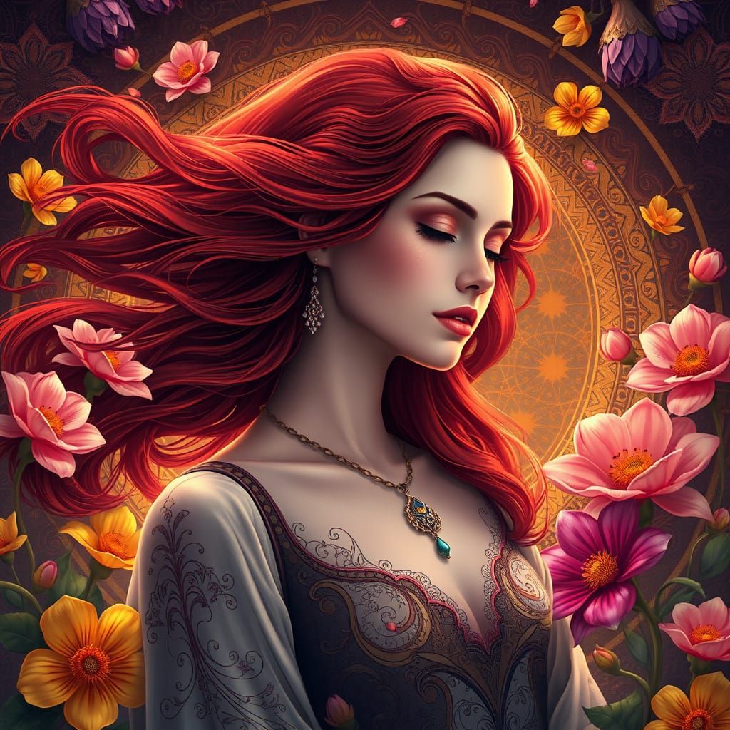 A serene woman with flowing red hair gazes softly, surrounded by vibrant flowers and intricate patterns. Her ethereal be...