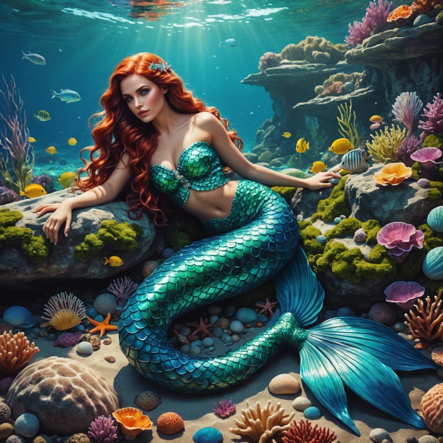 Enchanting Mermaid Resting in Vivid Seascape