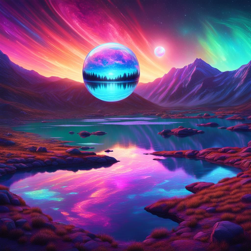 Iridescent Orb Over Alien Lake, Cosmic Illustration