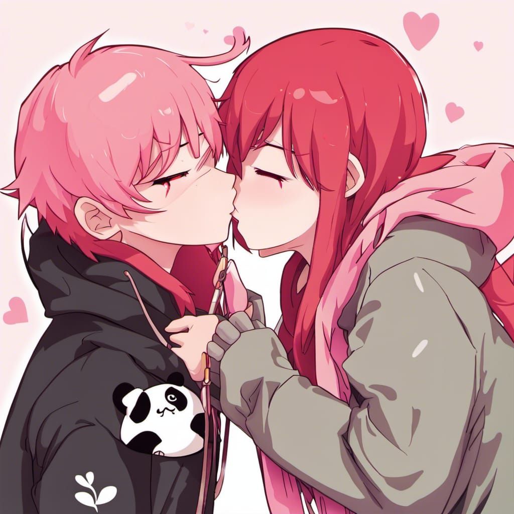 Anime Couple Sharing a Tender Kiss in Vibrant Style