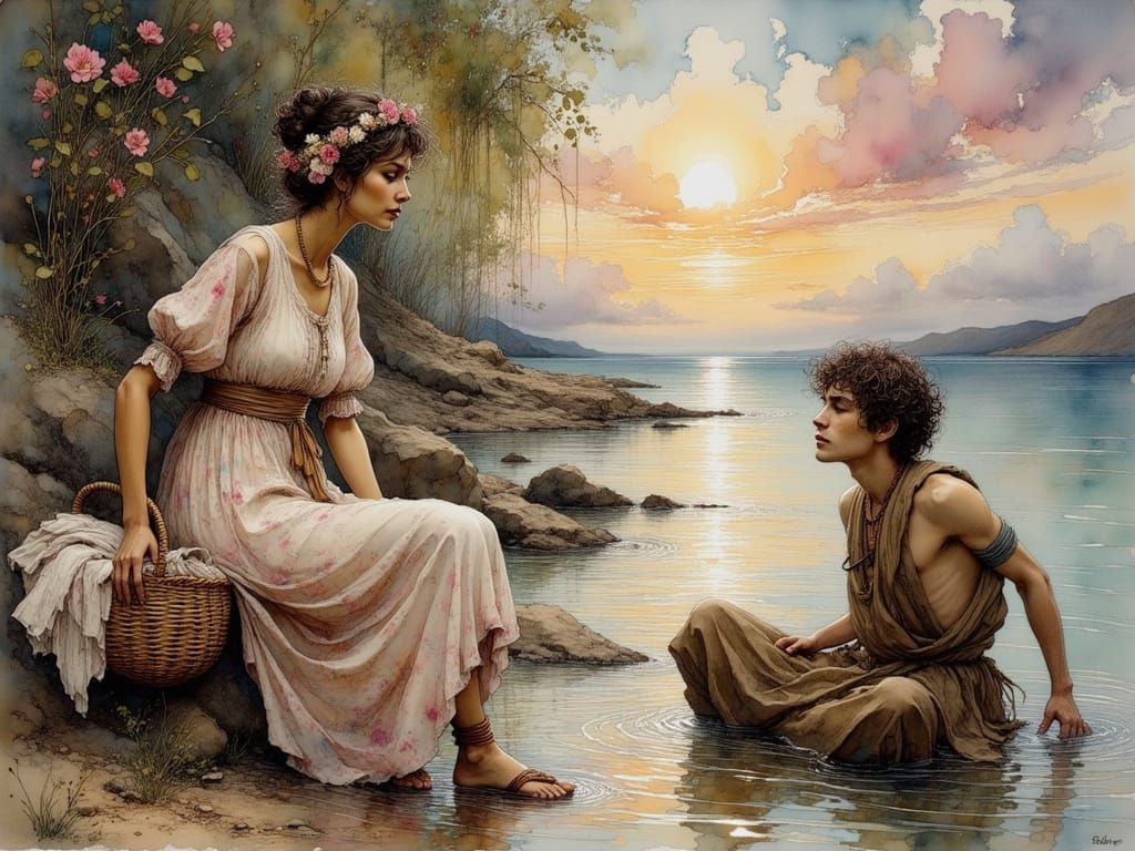 Greek Encounter: Woman Meets Castaway by River