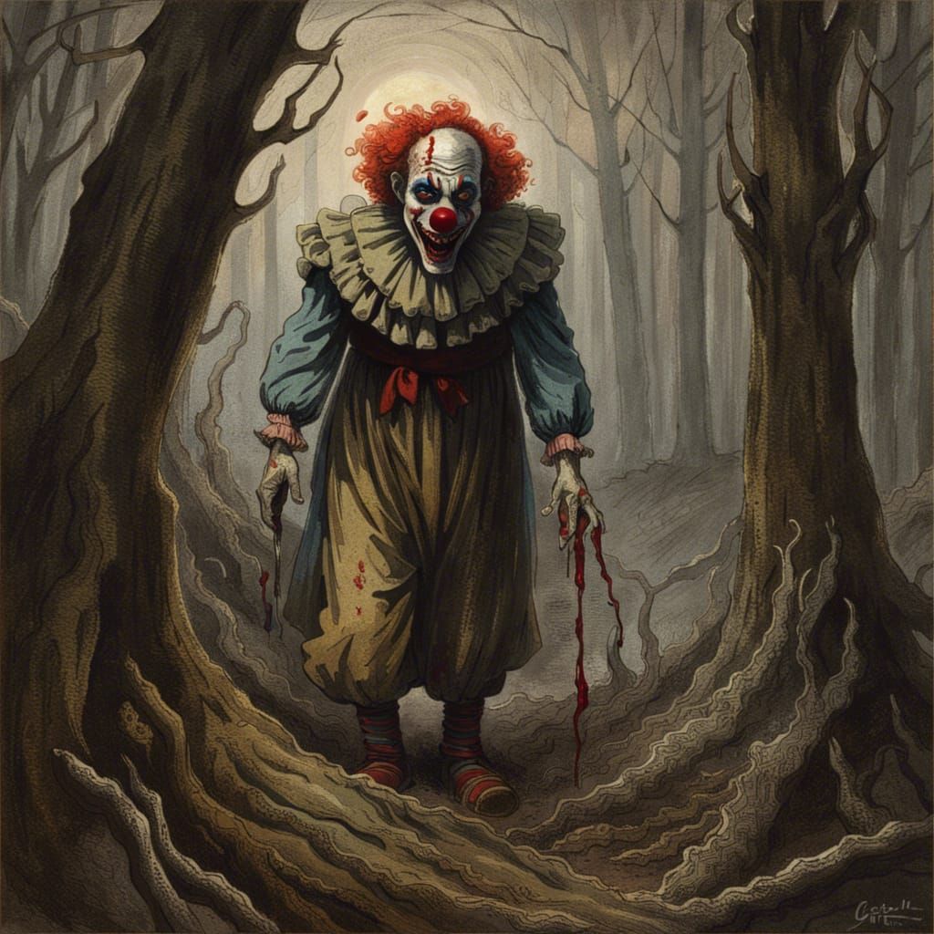 Eerie Horror Clown in Dark Forest