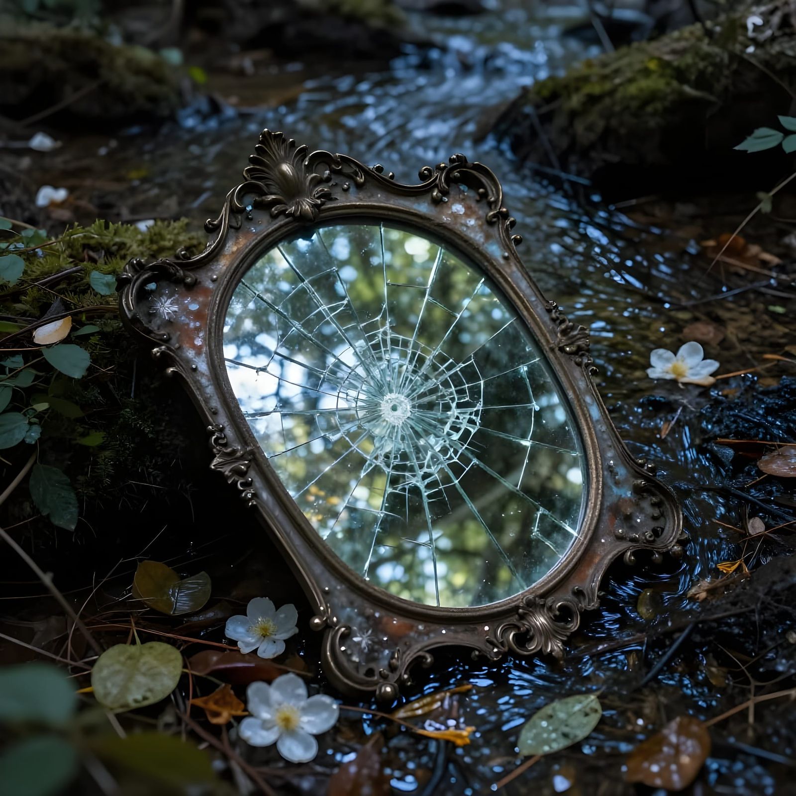 Magical Crystal Mirror in Forest Stream at Night