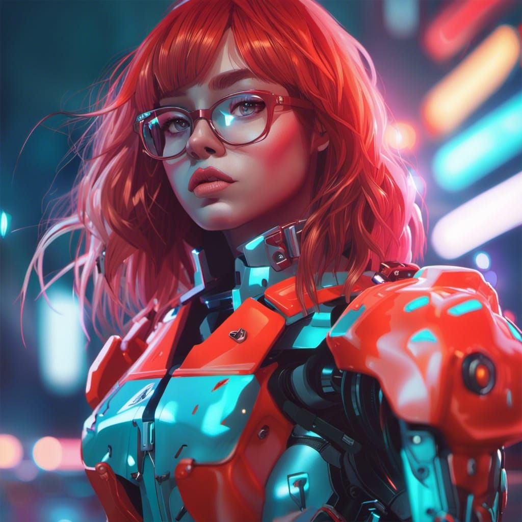 Mecha Girl with Glasses in Cyberpunk Style