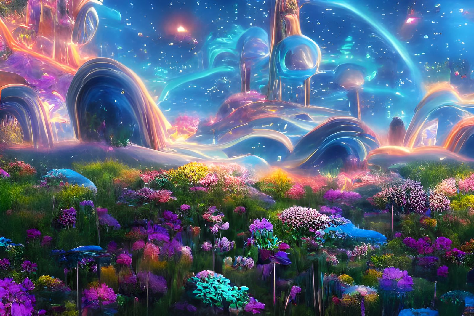 Futuristic Alien Zen Garden Under Cosmic Sky