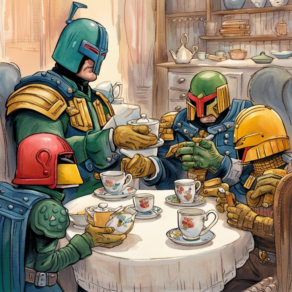 Judge Dredd's Tea Party: Whimsical Storybook Illustration