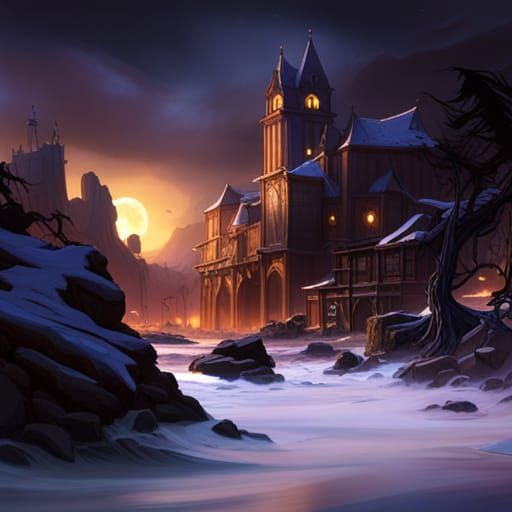 Dark Fantasy Nightscape in Purple and Yellow