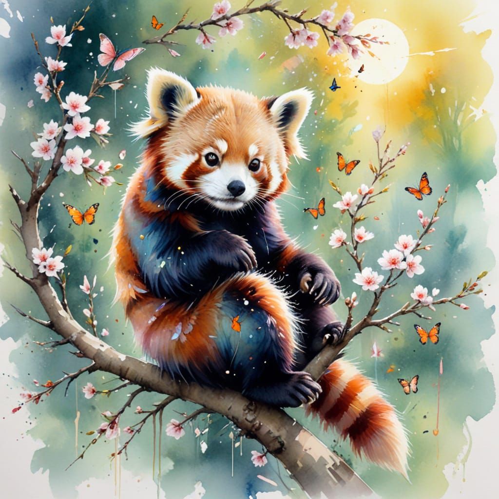 Red Panda in Pastel Orchard: Watercolour Painting