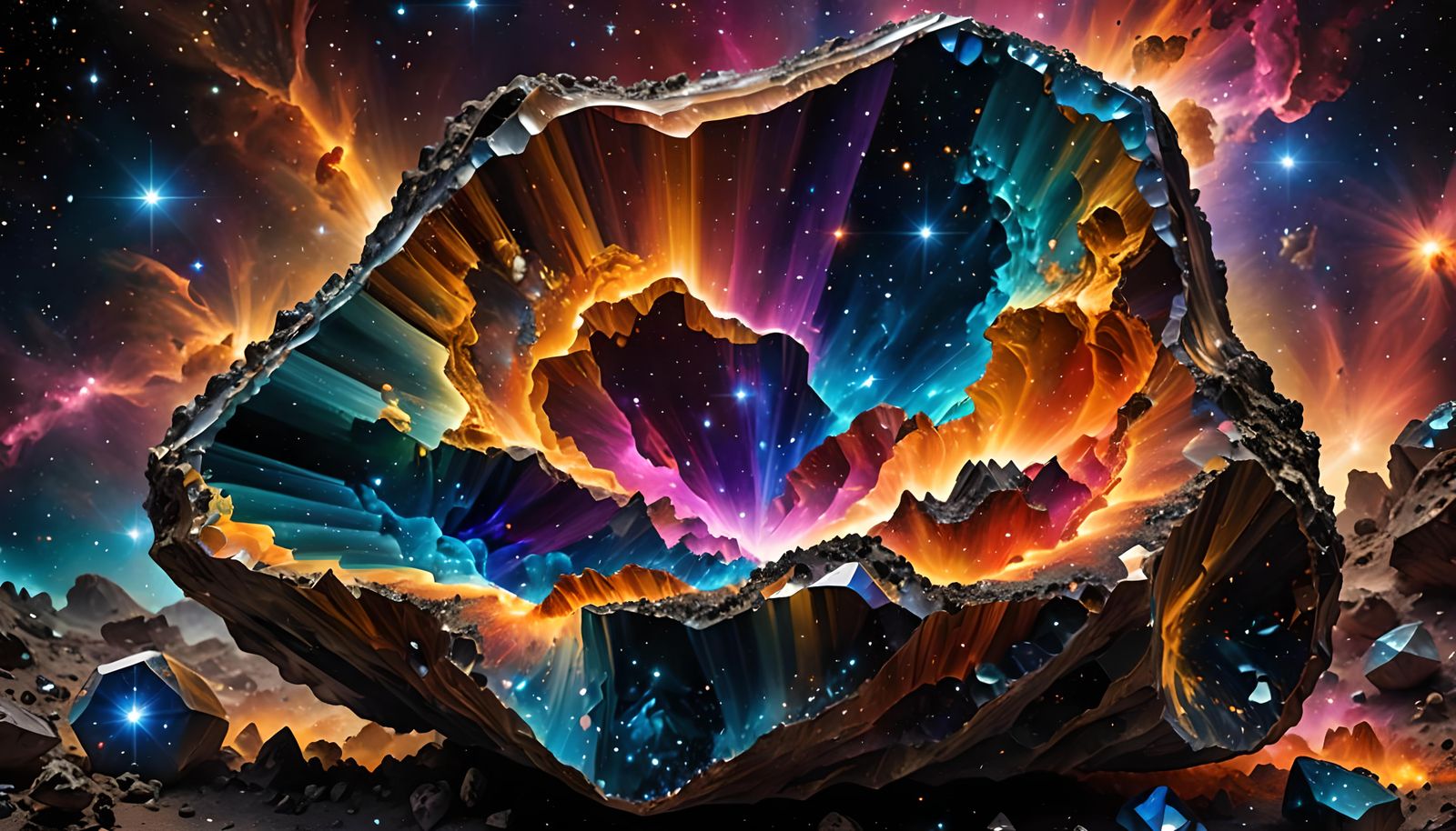 Mesmerizing Crystal Asteroid in Space Nebula