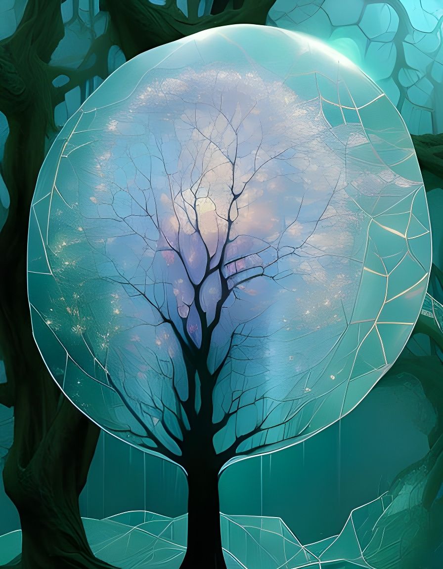 Celestial Fire Oak Tree in Cracked Glass Illustration