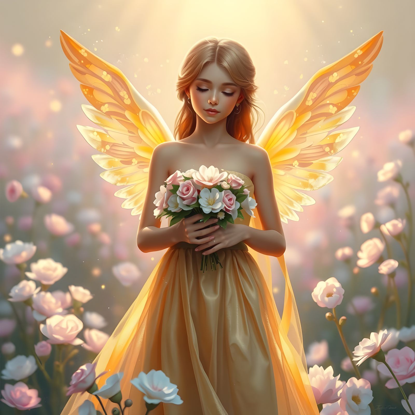 Golden Angel in Pastel Bloom Paradise