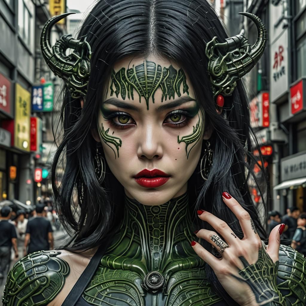 HR Giger Style Asian Woman in Hibiya Street