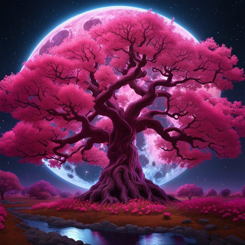 Pink Tree of Life Under a Full Moon