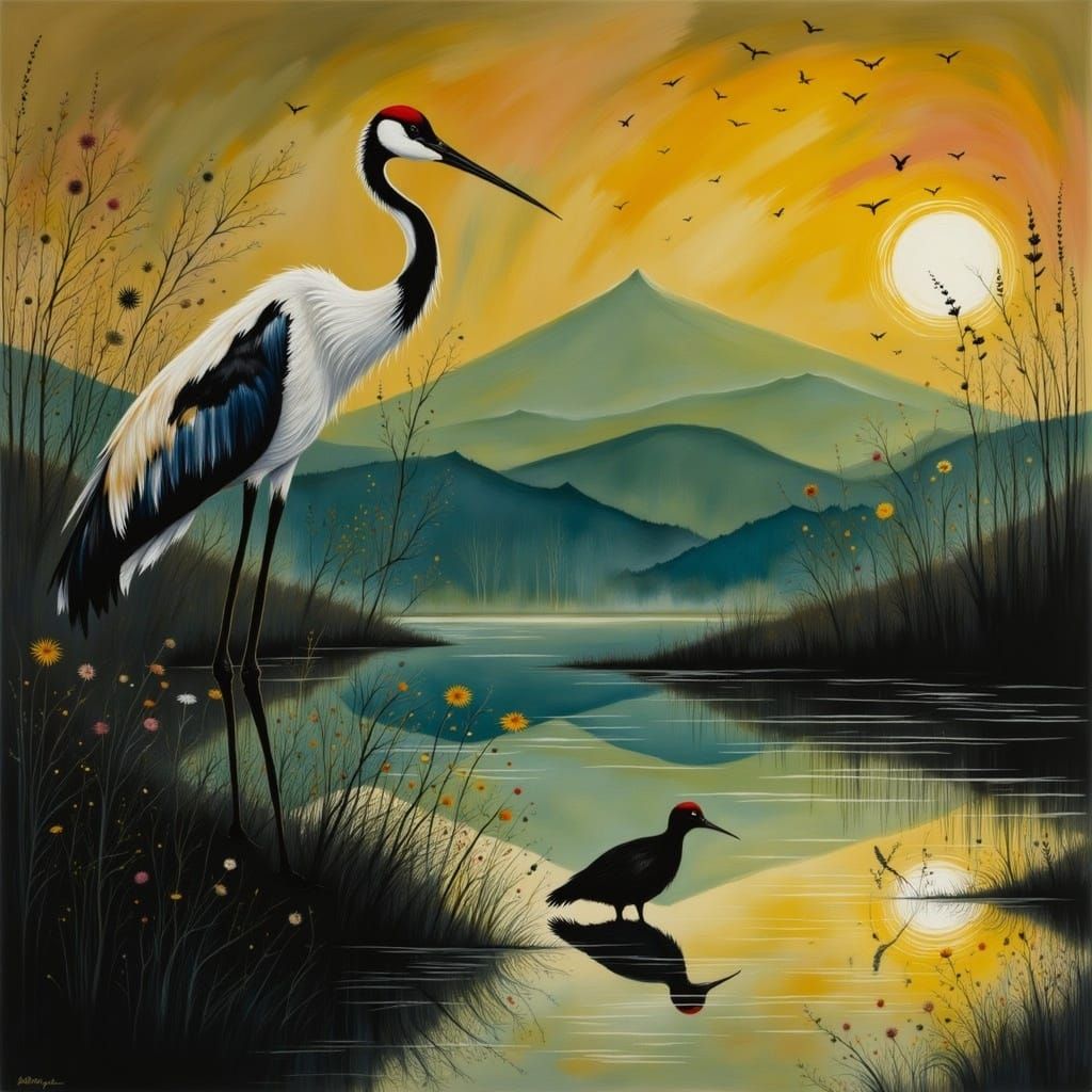 Cranes in Evening Light on Reed Shore