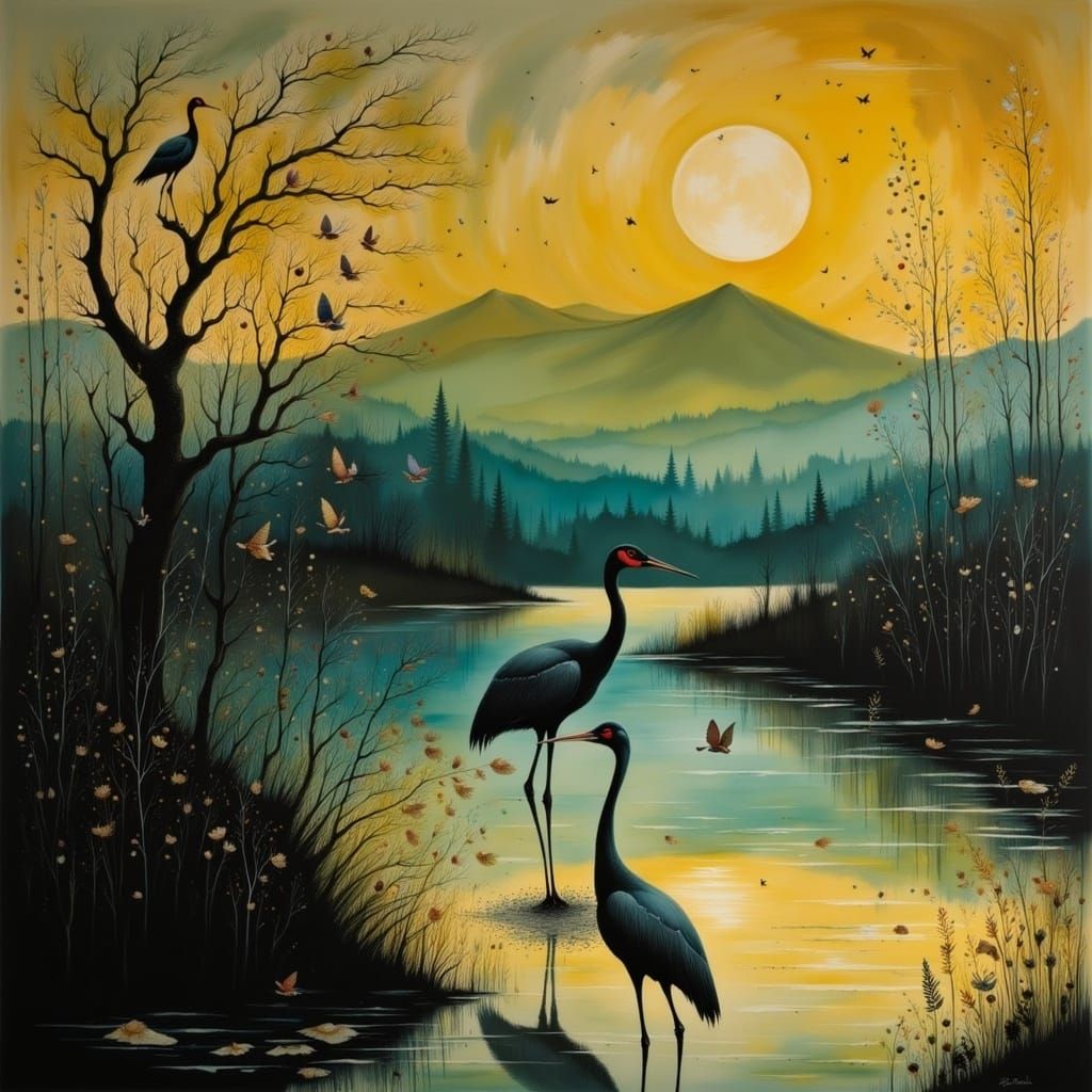 Majestic Cranes in a Gentle Evening Scene, Cyberpunk Landsca...