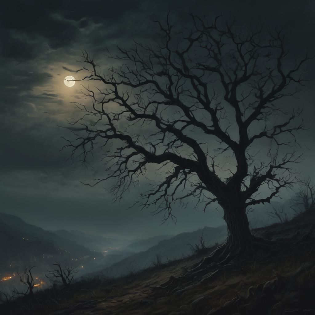 Ominous Tree in Dark Romantic Landscape Painting