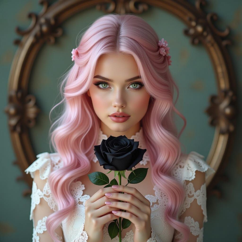 Pink-Haired Woman with Rose in Cyberpunk Style