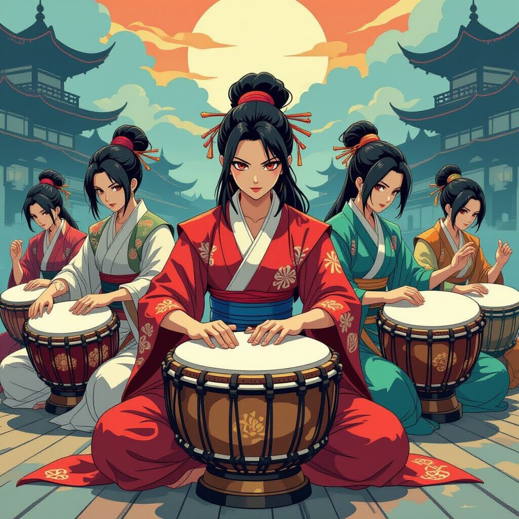 Vibrant Anime Tabla Players in Dynamic Pose