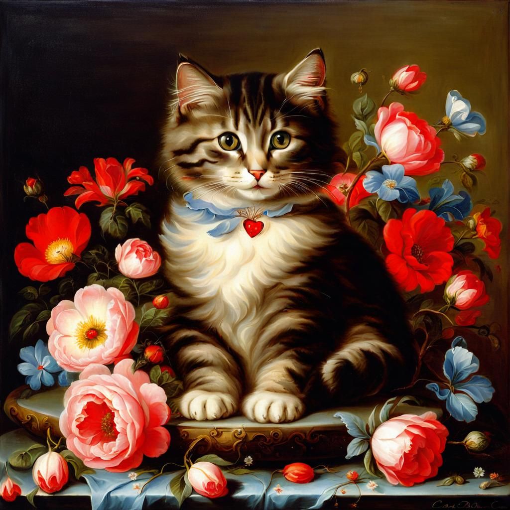Cute Cat Among Flowers in Baroque Style
