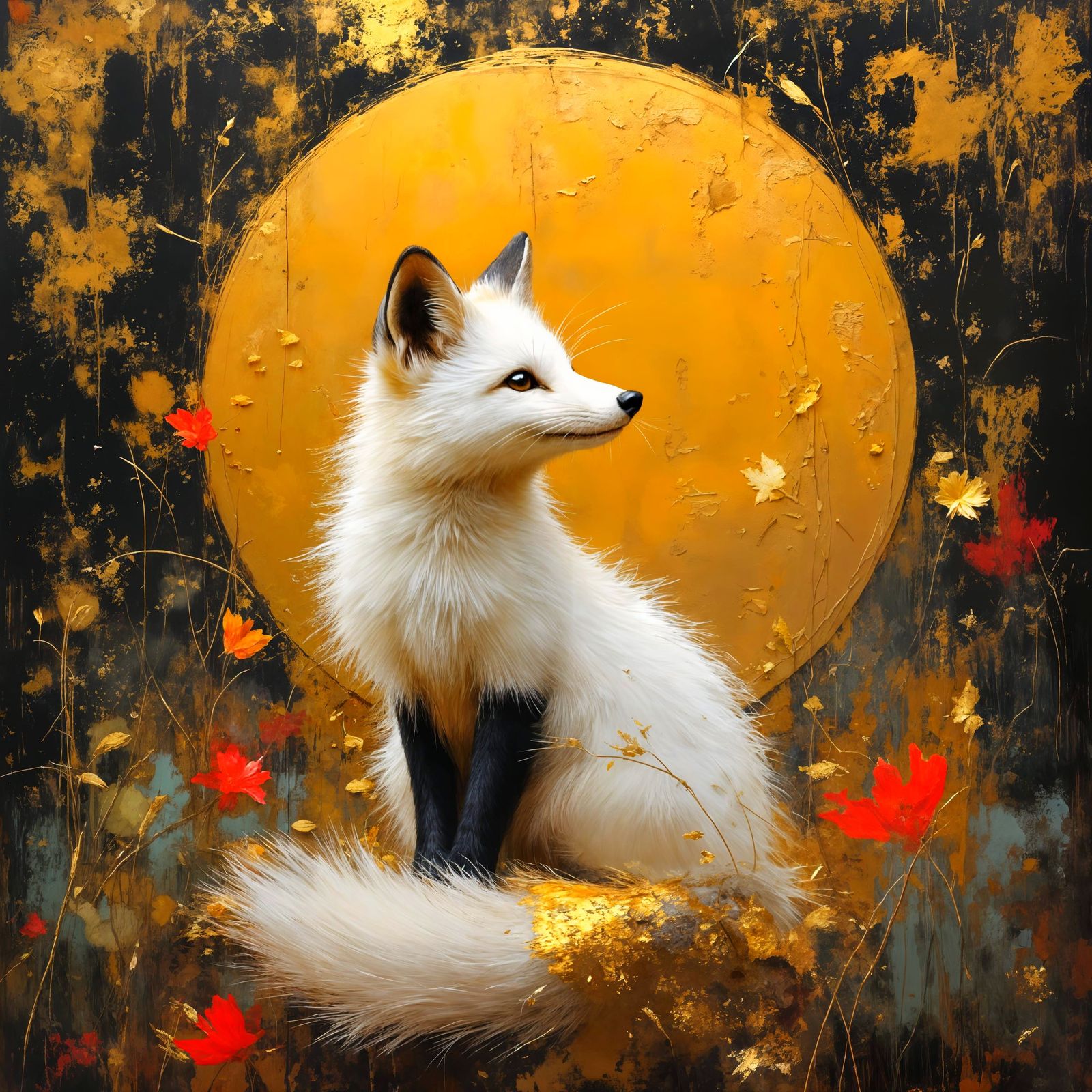 Majestic Kintsugi Fox Gazing at Golden Moon