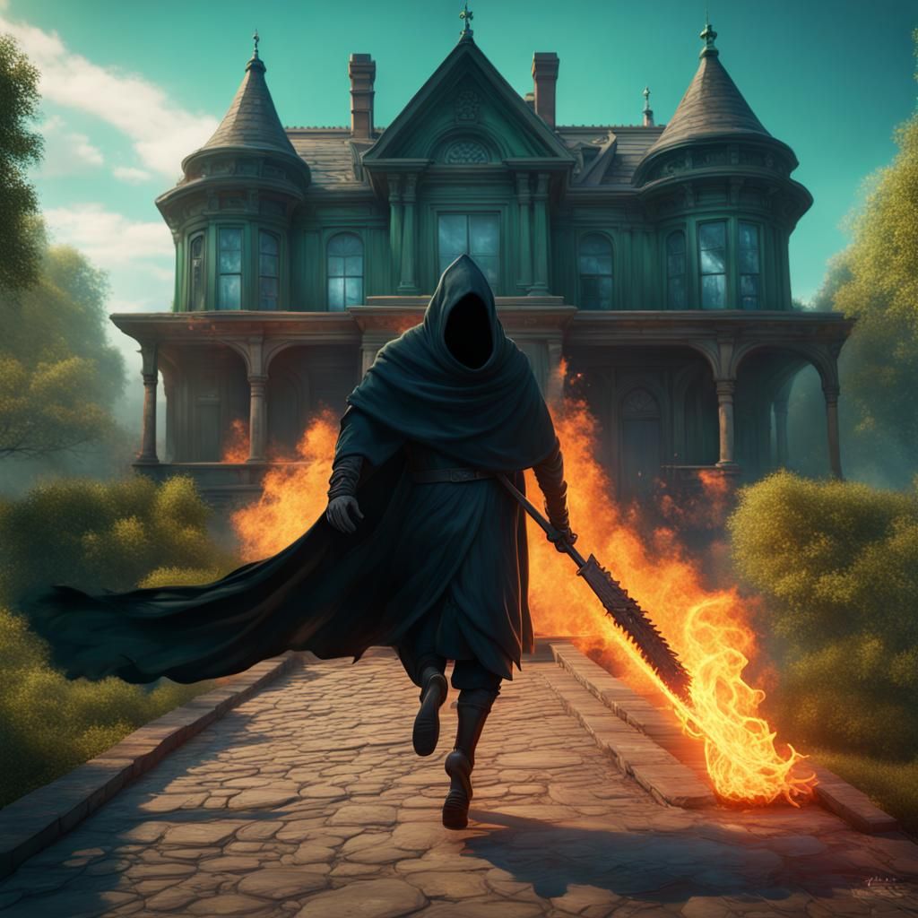 Arsonist Escaping Burning Mansion: Fantasy Concept Art