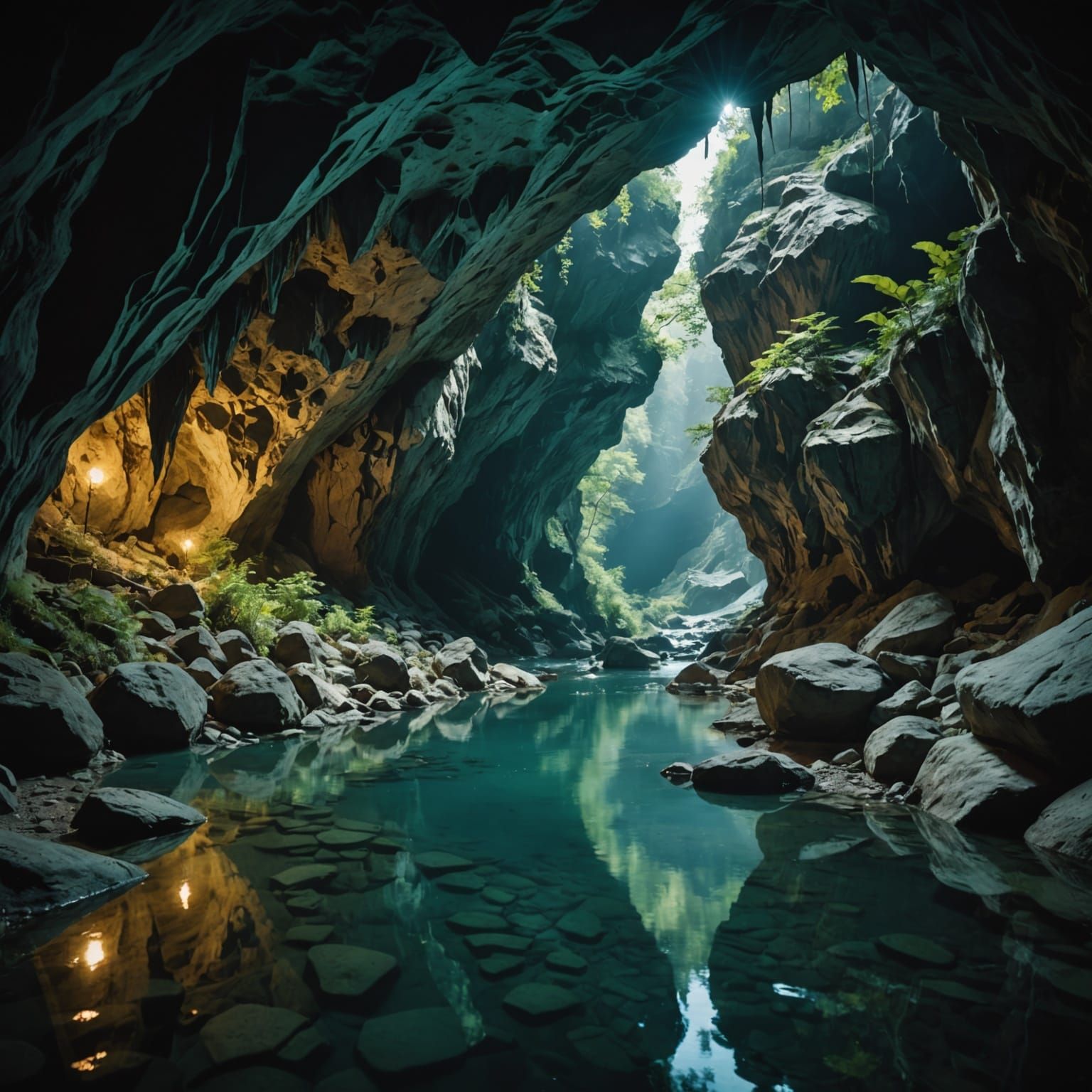 Ethereal River Flows Through Glittering Crystal Caverns in C...