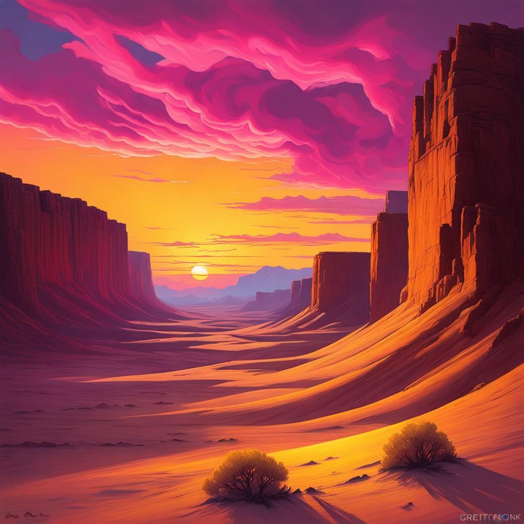 Vibrant Sunset Over Desert Cliffs in Dramatic Style