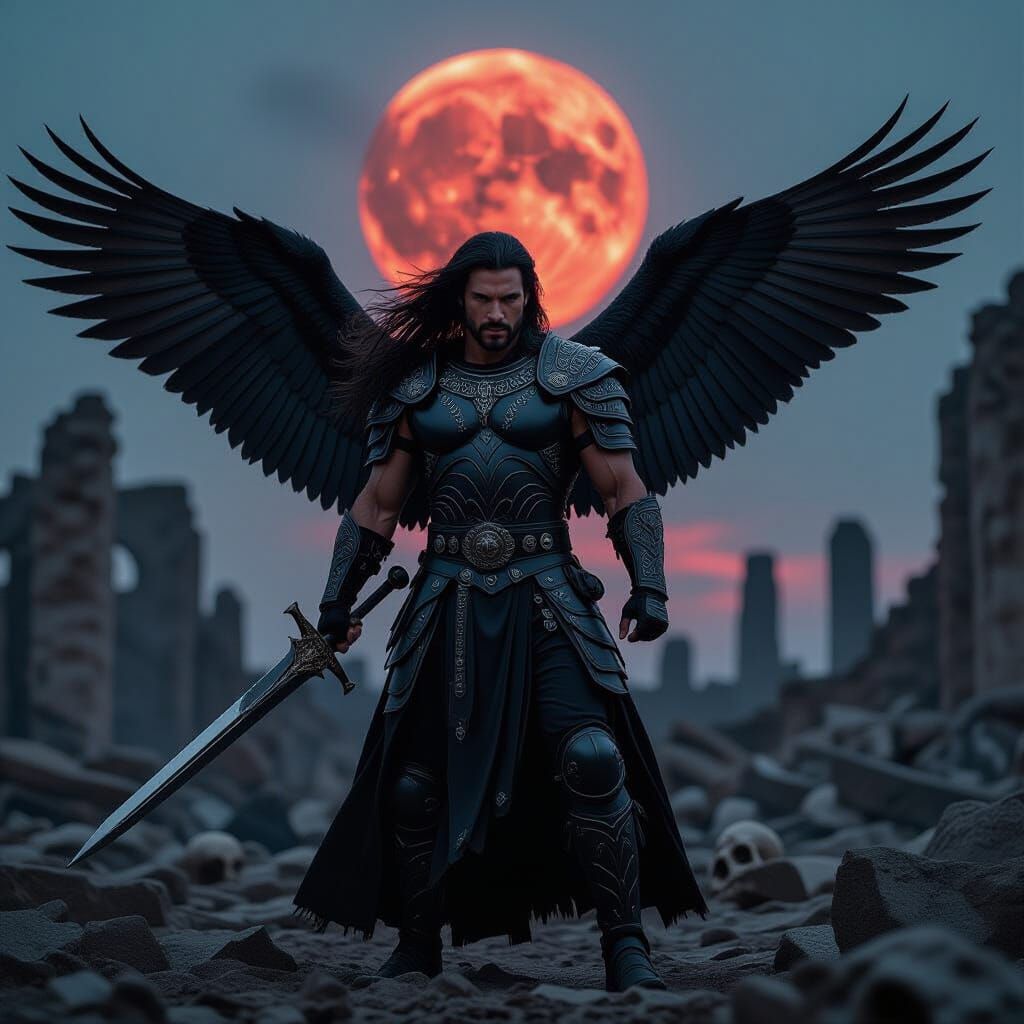 Winged Warrior in Bone Ruins with Blood Moon