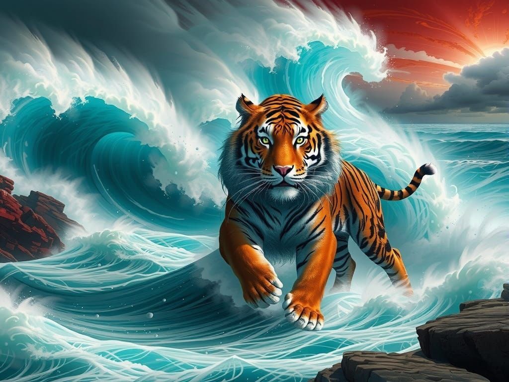 Tiger in Vibrant Red and Turquoise Ocean Scene