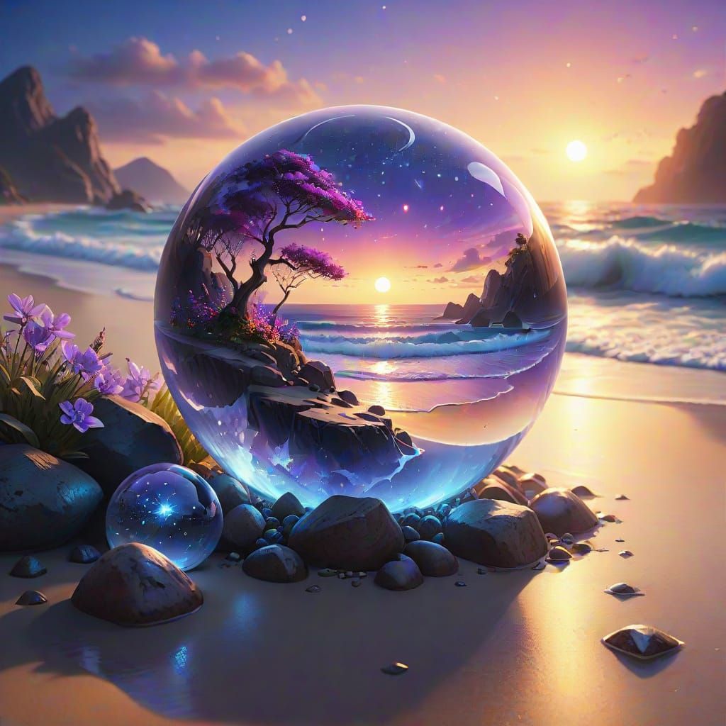Magical Crystal Orb with Enchanted Garden on Beach at Sunset