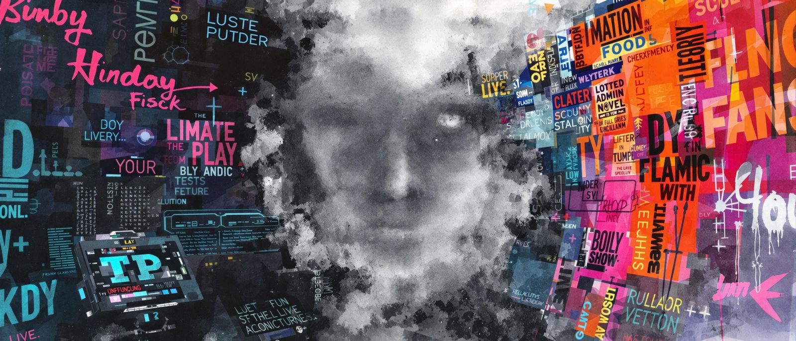 Ethereal Grey Face Emerges from Colorful Typography