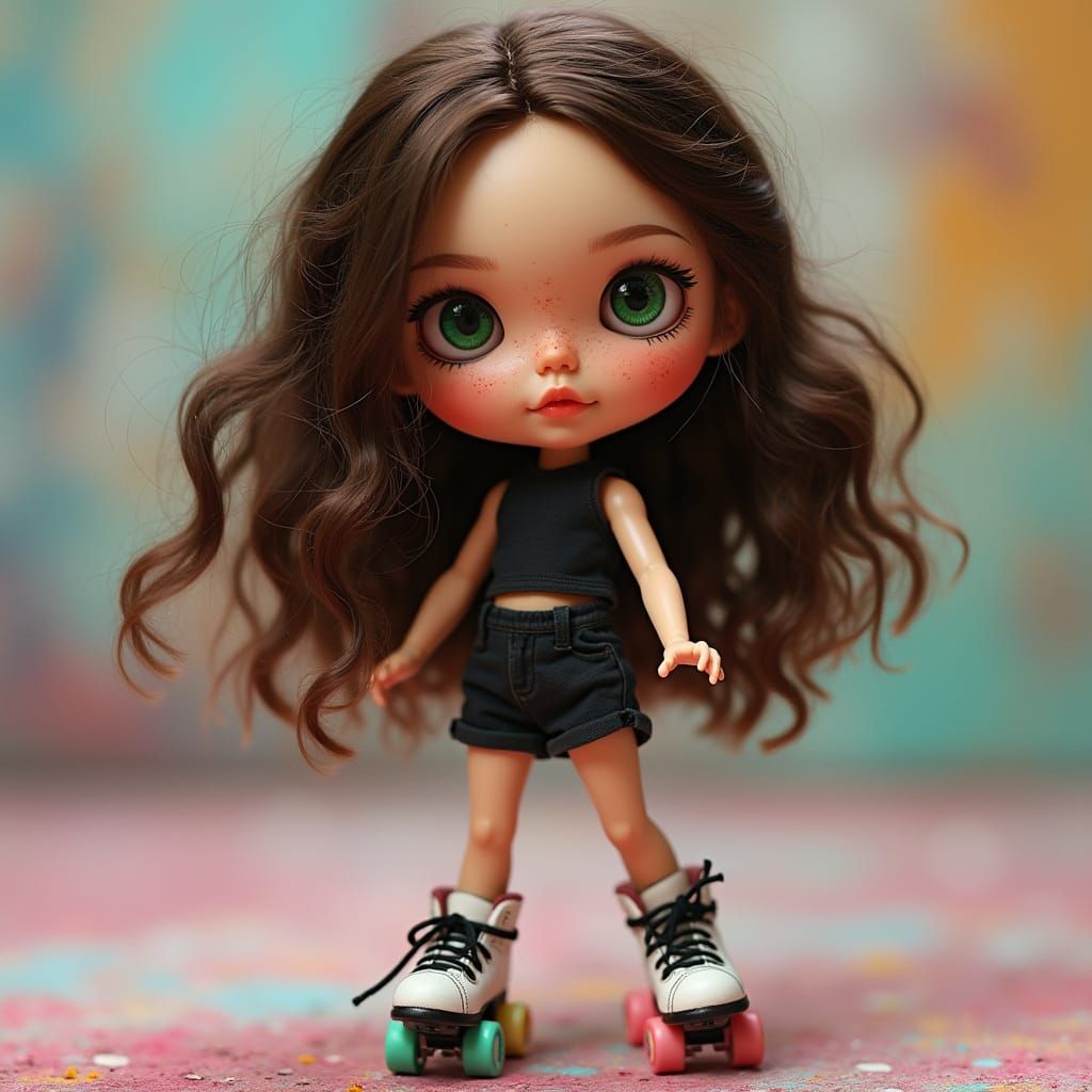 Vibrant Blythe Doll Roller Skating in Whimsical Style