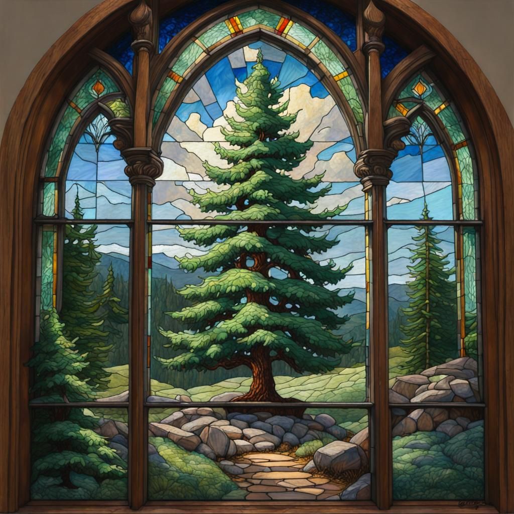 A evergreen tree stained glass window